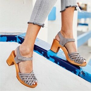 Kulik Swedish Handmade Gray Leather Basket Wooden Sandal Clogs Womens EU 37 US 7